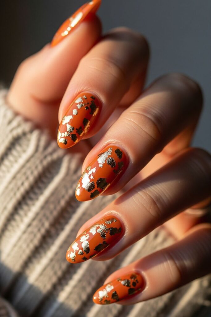 Burnt Orange & Gold Leaf Nails