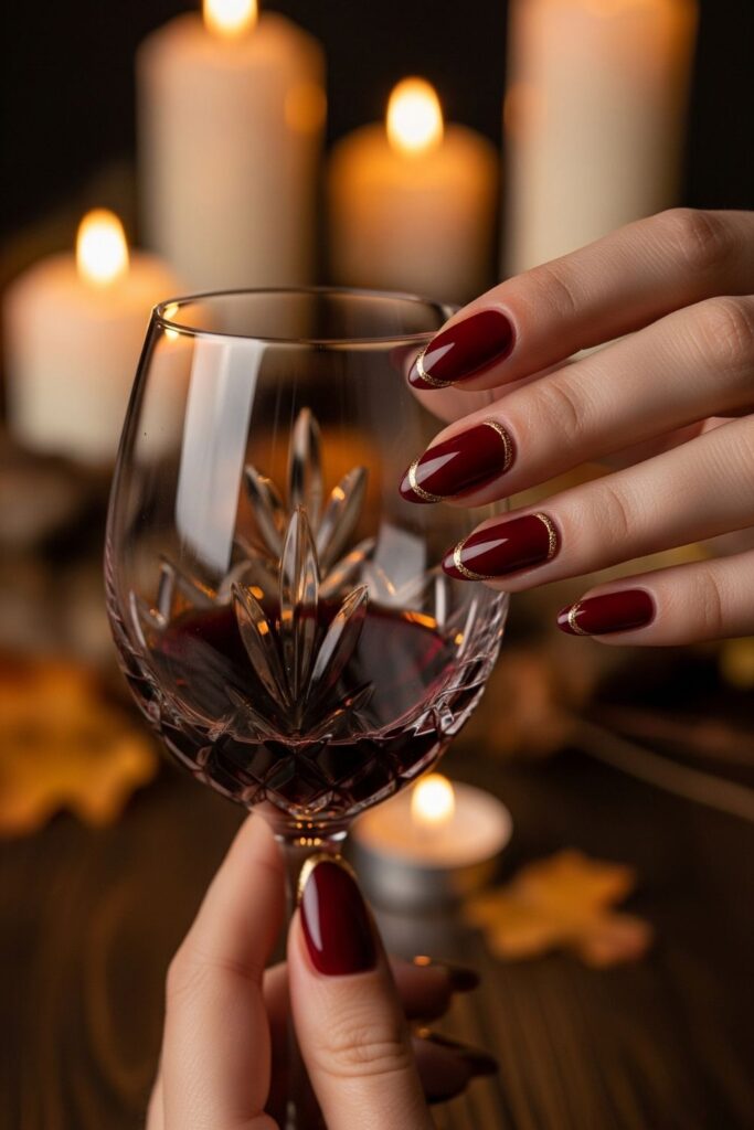 Burgundy Gloss with Gold Cuticles Nails