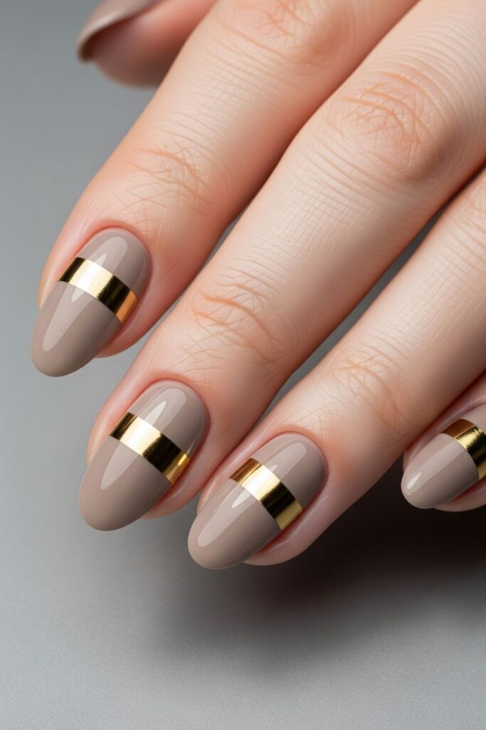 Taupe with Gold Striping Oval Nails