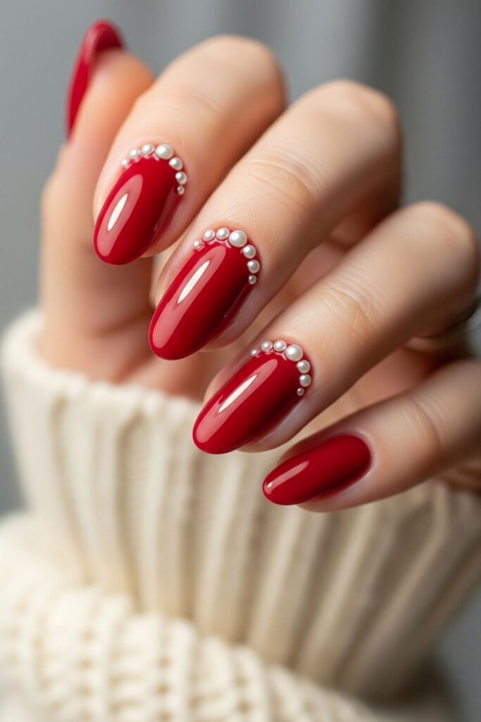 Cranberry Red Oval Nails with Tiny Pearls
