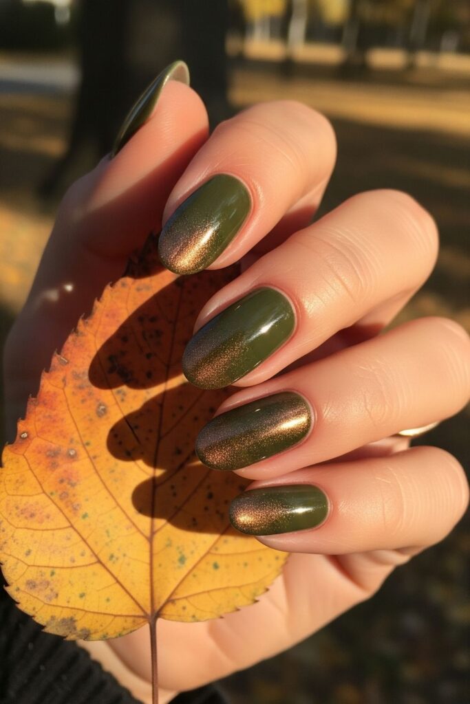 Olive Green and Bronze Oval Nails