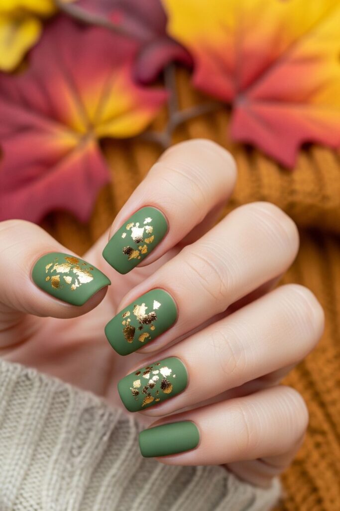 Olive Green and Gold Foil Combo Nails