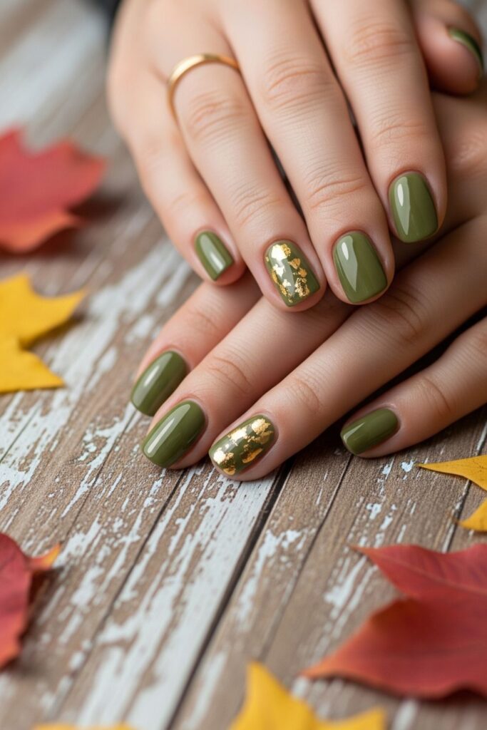 Olive Green & Gold Foil Nails