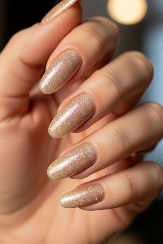Champagne Beige Oval Nails with Micro-Glitter
