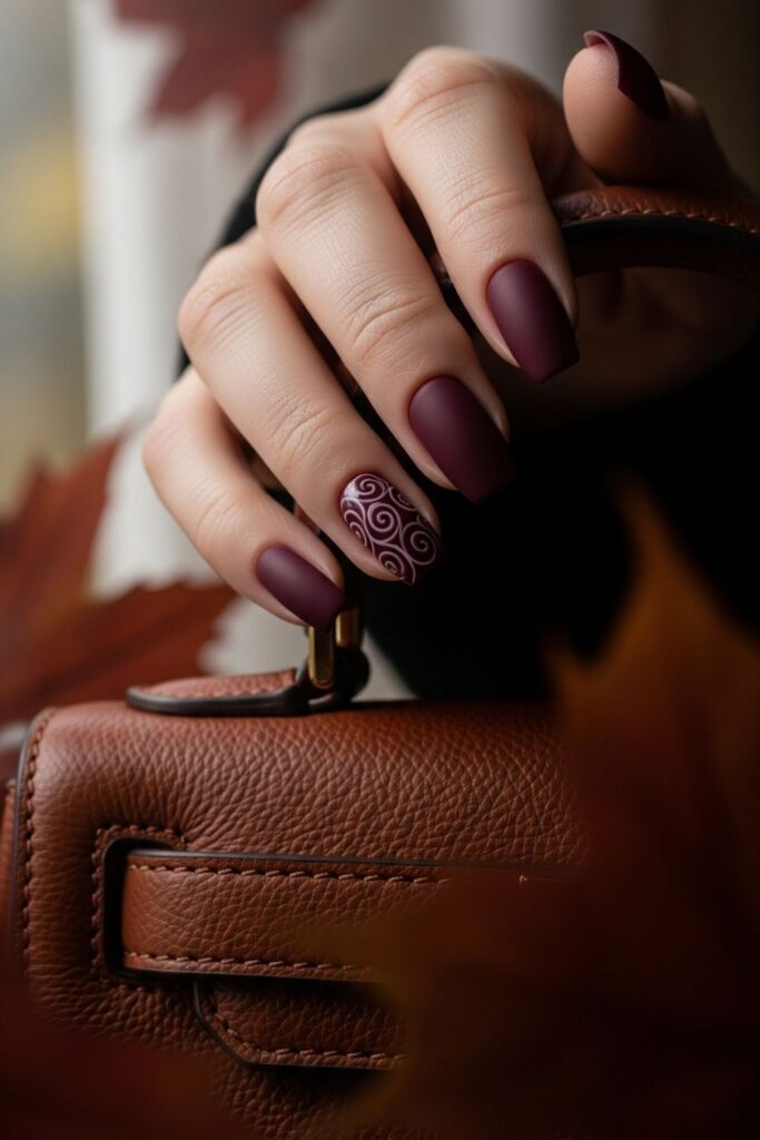 Deep Plum with Glossy Swirls Nails