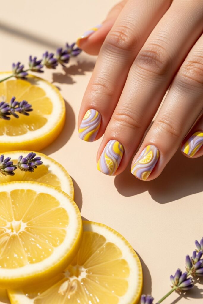 Lavender & Lemon Swirl Nails
