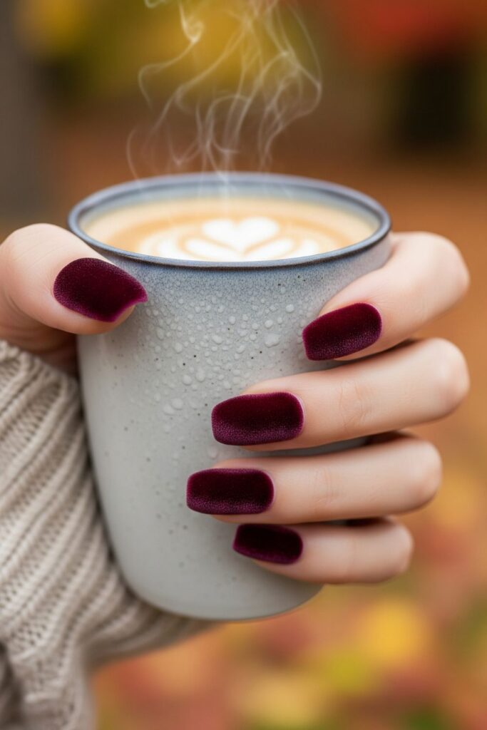 Deep Burgundy Velvet Nails