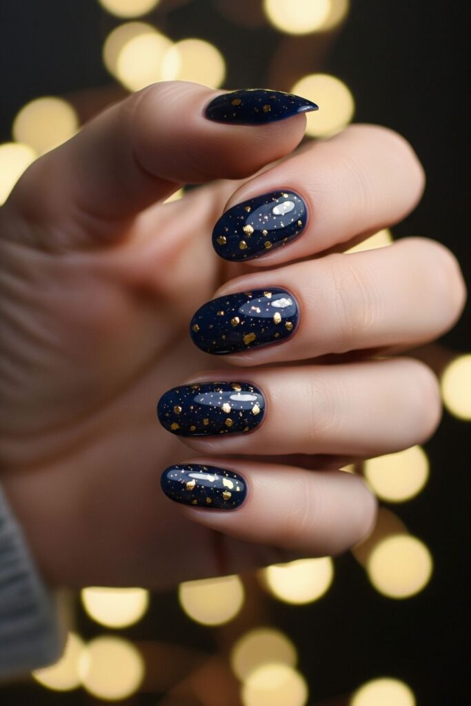 Midnight Navy Oval Nails with Gold Specks