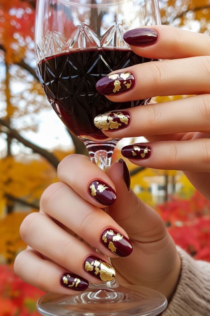 Burgundy and Gold Foil Nails