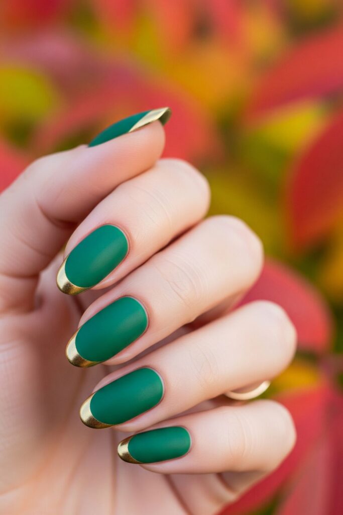Forest Green Matte Nails with Gold Tips