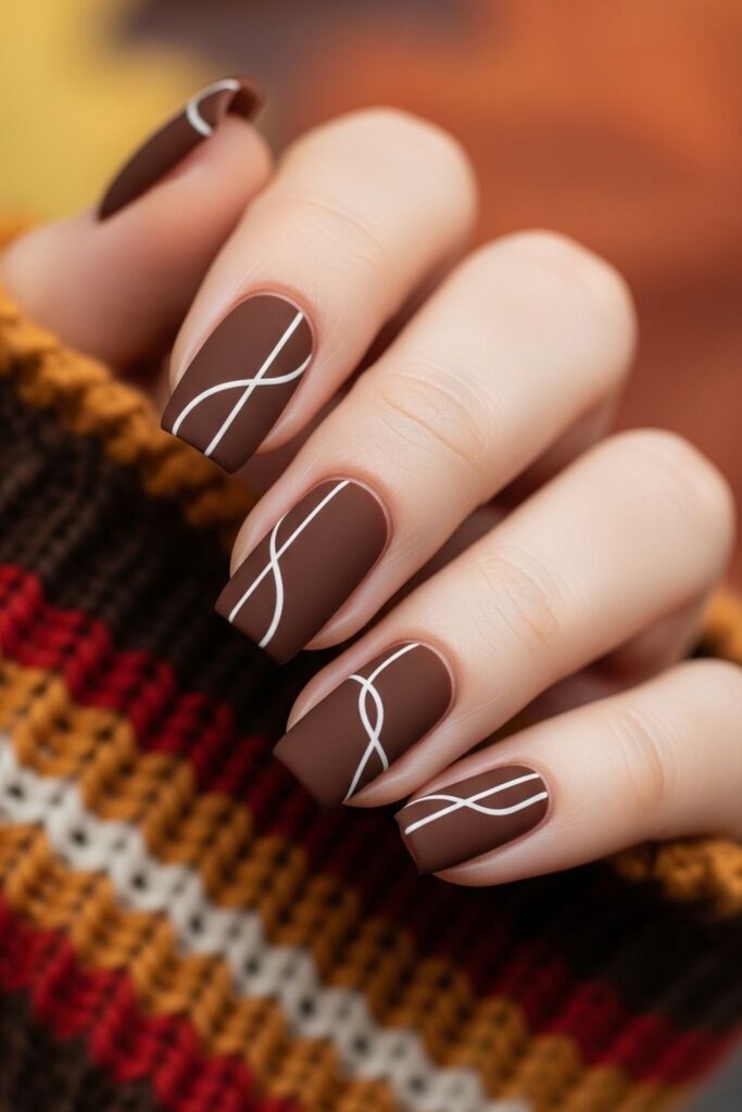 Chocolate Brown with Minimalist Line Art Nails