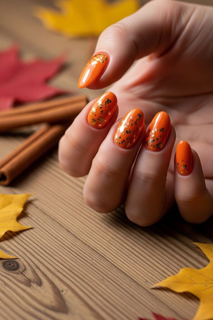 Pumpkin Spice Oval Nails with Gold Foil