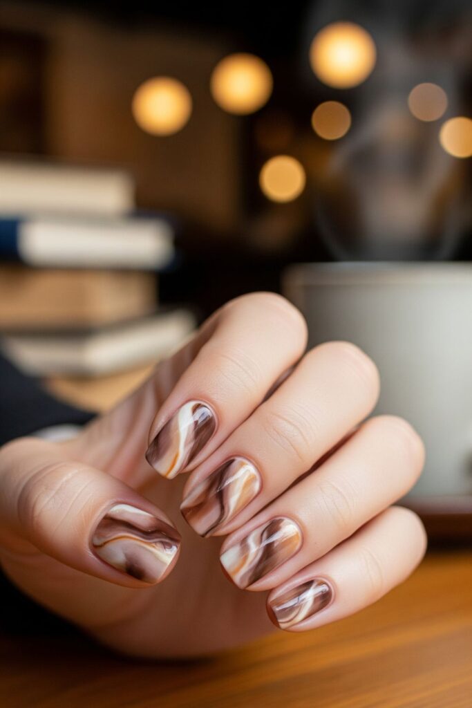 Mocha Swirl Marble Nails