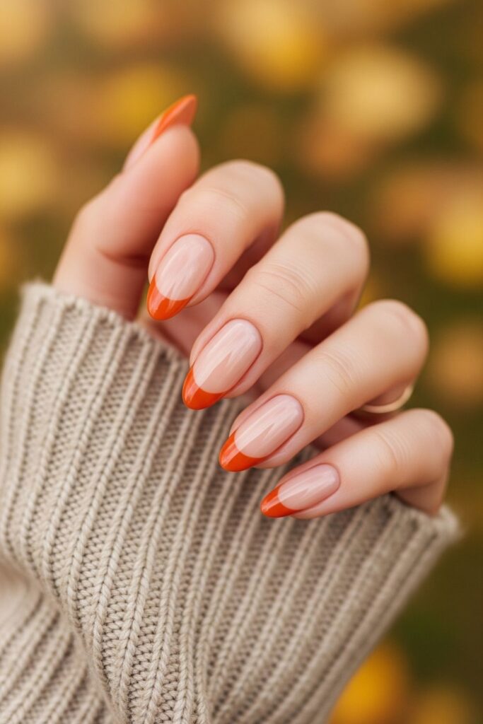 Burnt Orange and Nude French Oval Tip Nails