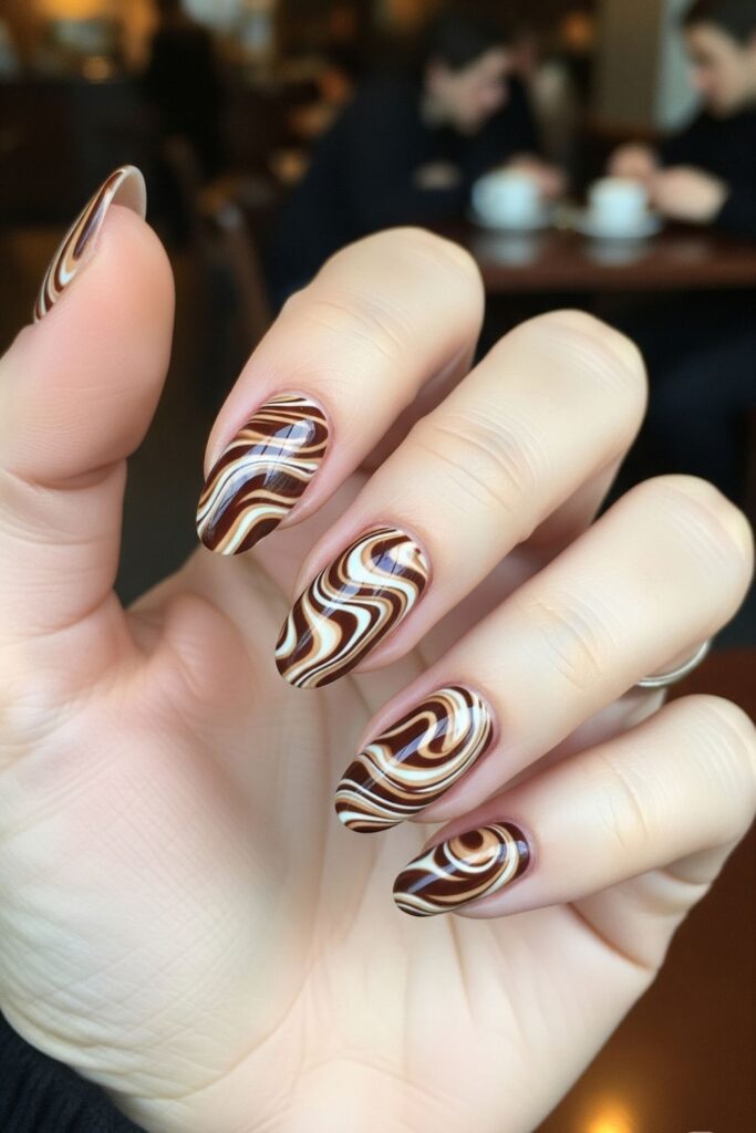 Espresso Swirl Marble Oval Nails