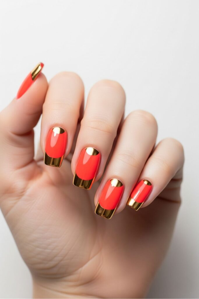 Coral & Gold Half-Moon Nails