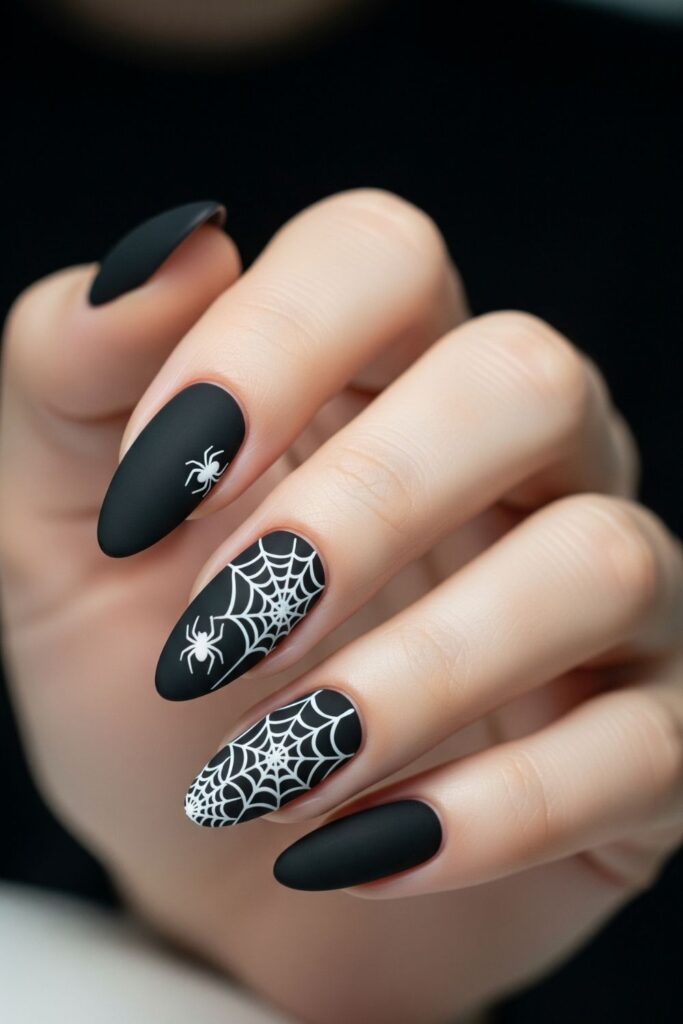Matte Black with Spiderweb Accent Nails