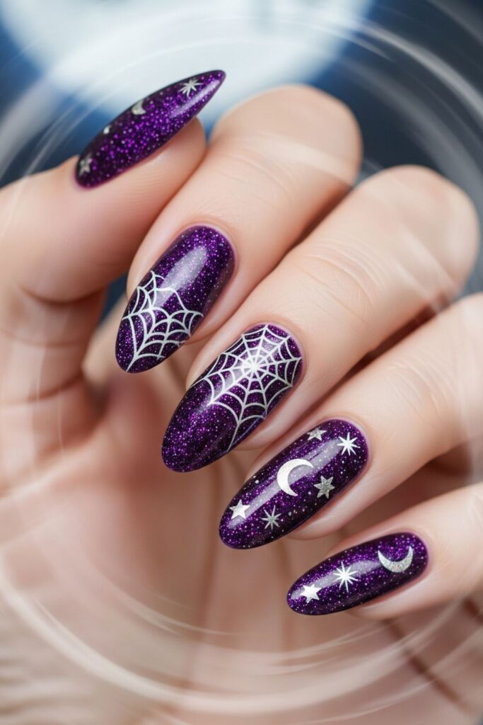 Glittery Witchy Purple Nails
