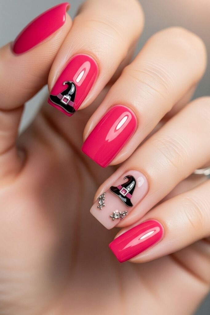 Pink Witch Hat Accent Nails