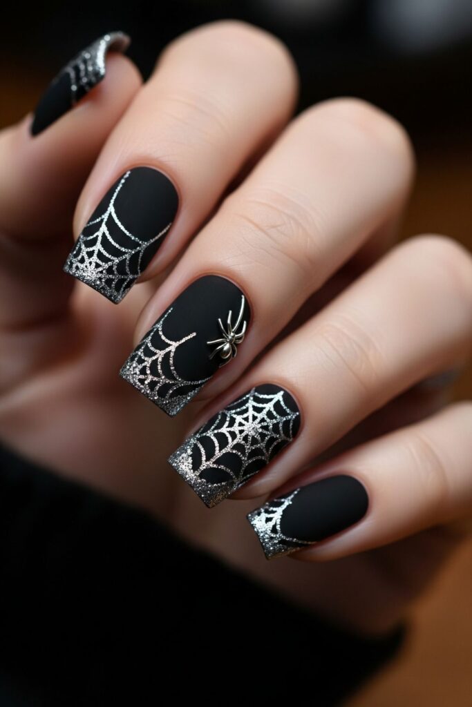 Black Nails with Cobweb Glitter Tips