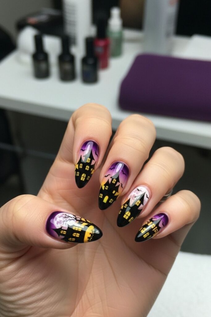 Haunted House Almond Nails