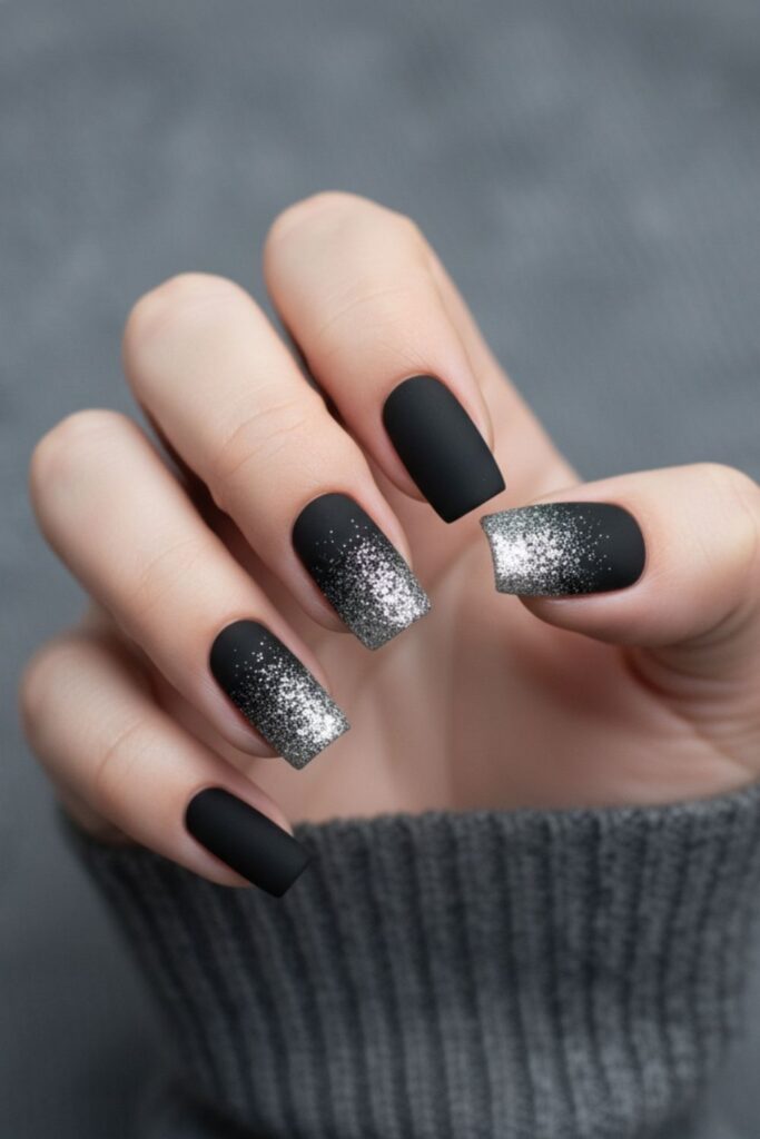 Matte Black with Silver Glitter Nails