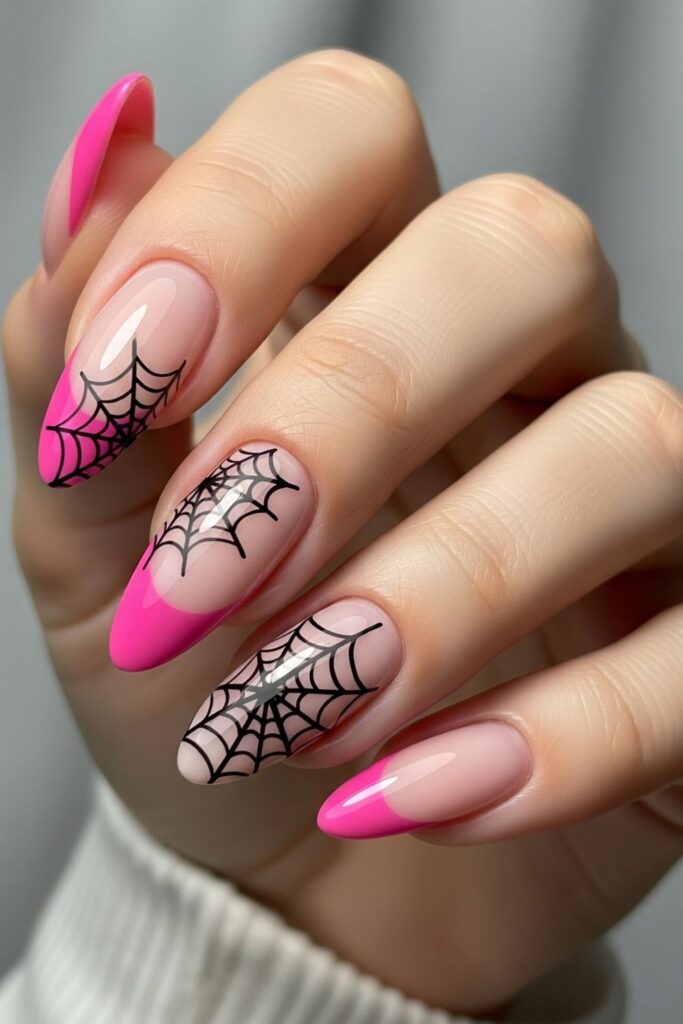 Pink Cobweb French Tip Nails