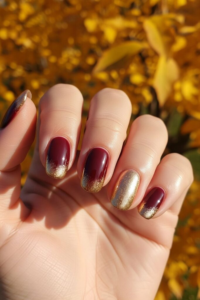 Burgundy & Gold Foil Fade Nails