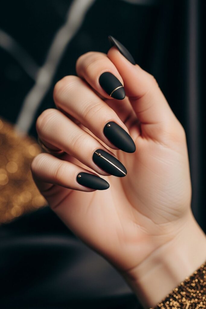Matte Black with Gold Almond Nails
