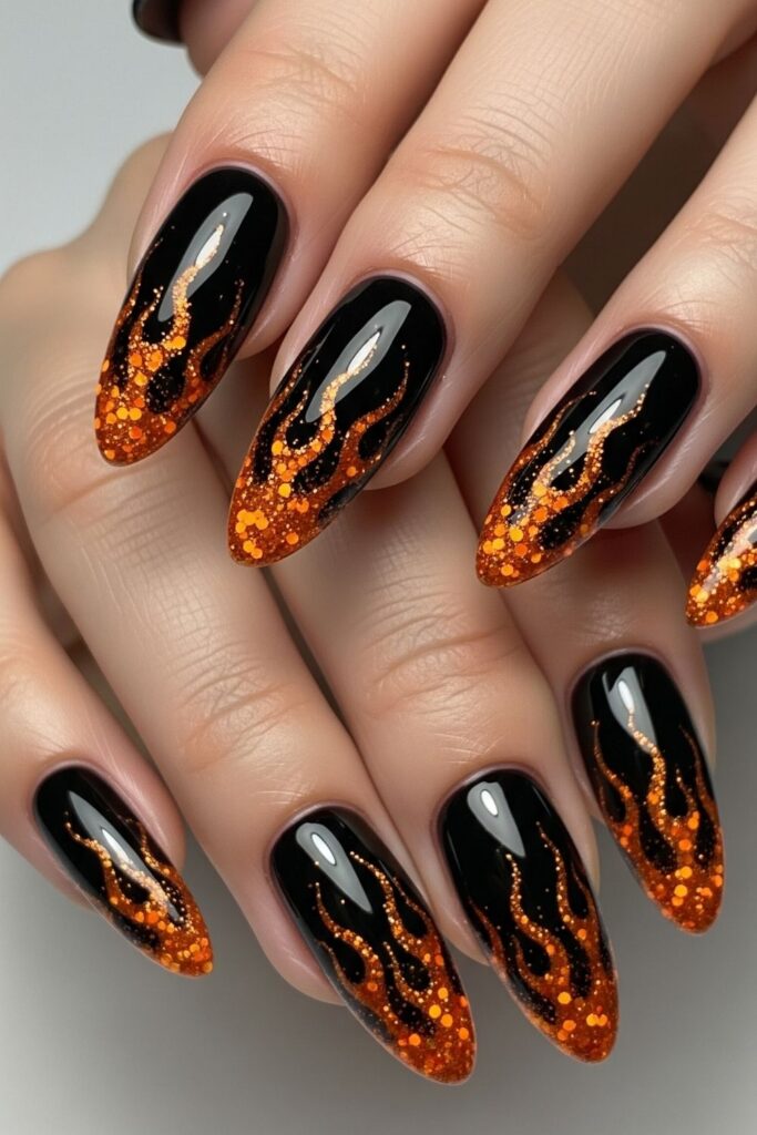 Glittery Orange Flame Nails