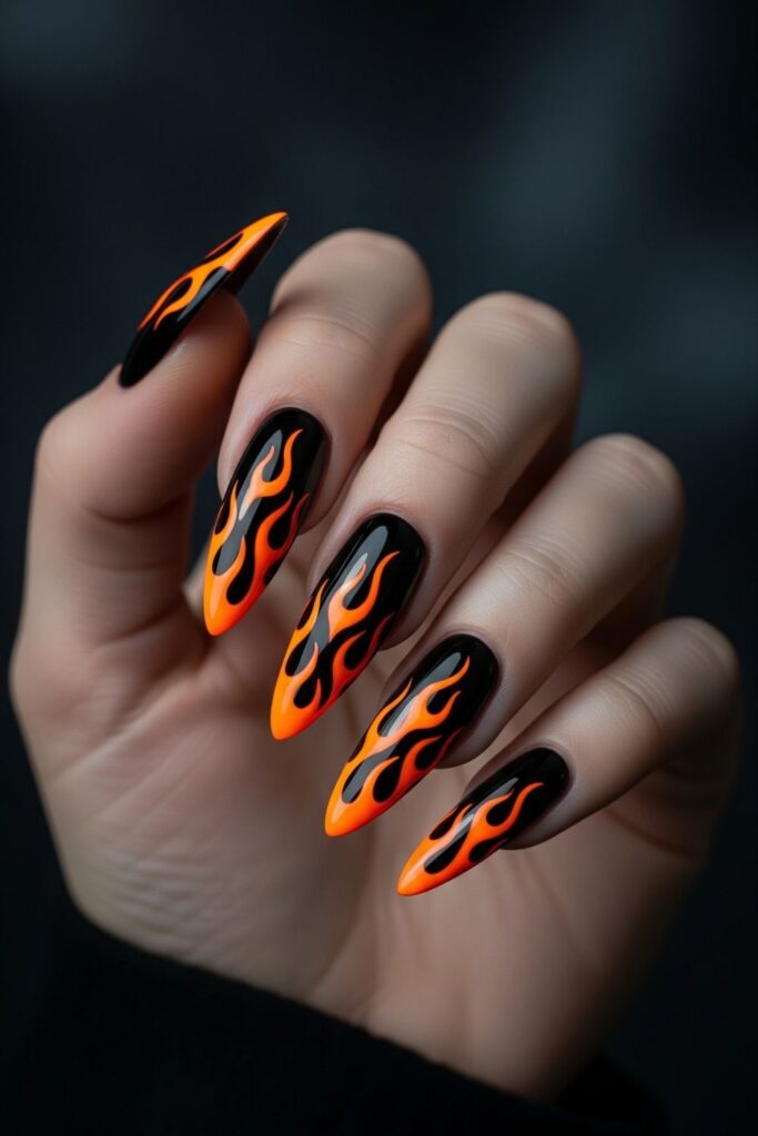 Black Nails with Orange Flames