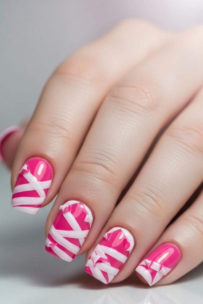 Pink and White Mummies Nails