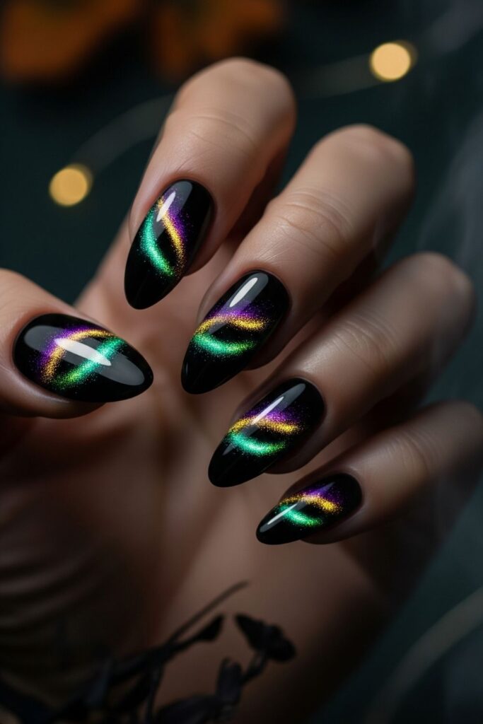 Black Nails with Cat Eyes Effect
