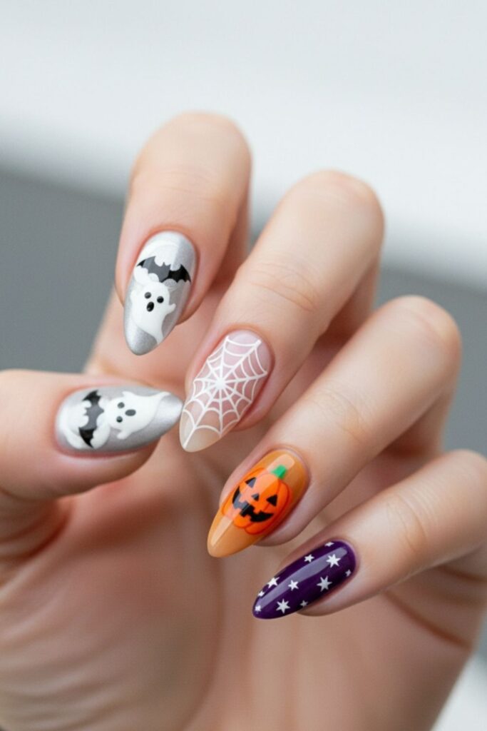 Mismatched Spooky Almond Nails