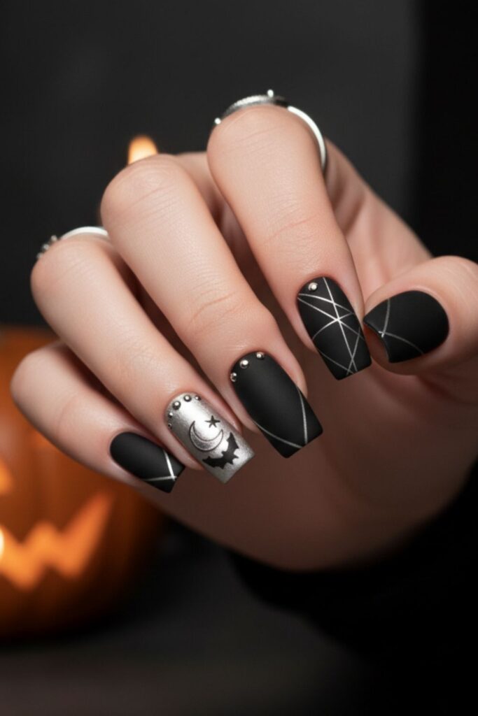 Matte Black with Silver Accent Nails