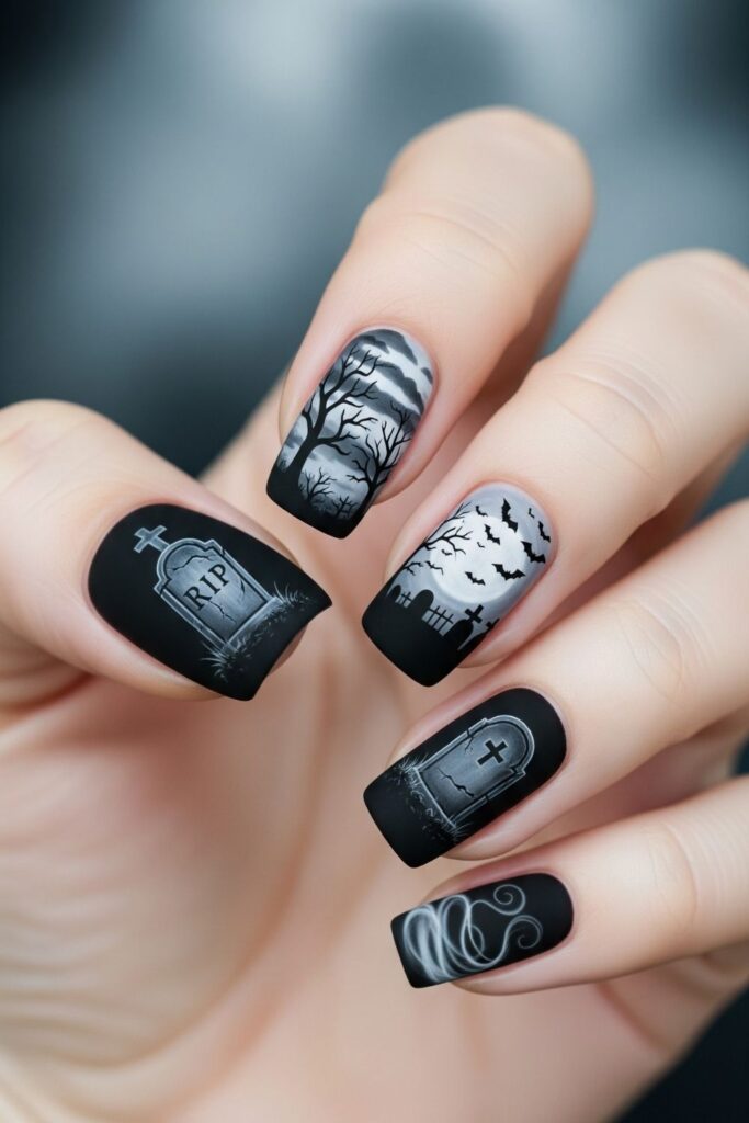 Black Nails with Haunted Graveyard Art