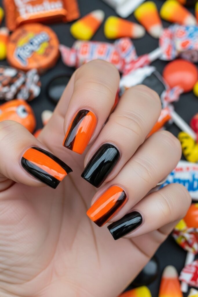Orange and Black Split Nails