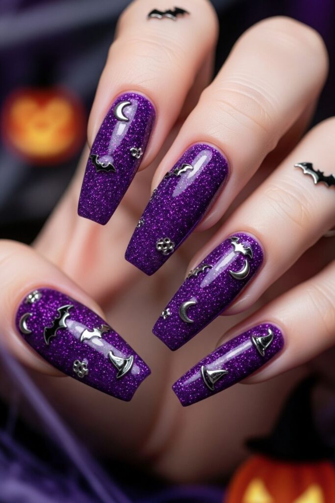 Purple Glitter Coffin Nails