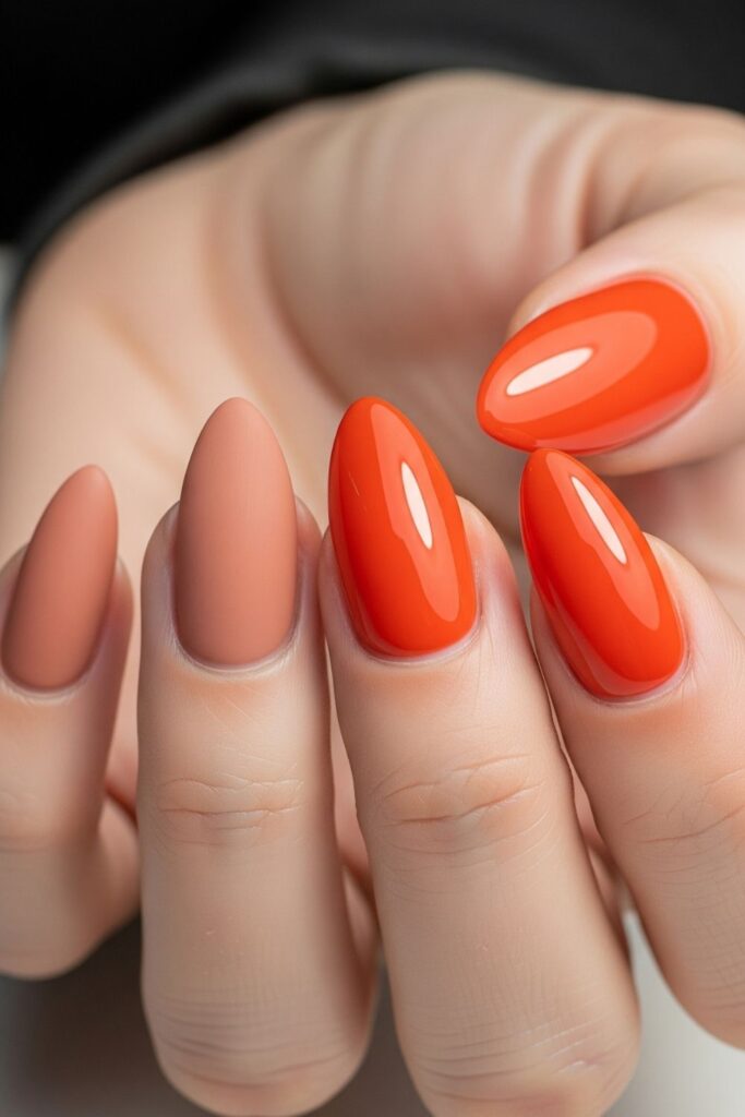 Matte and Glossy Mix Orange Nails