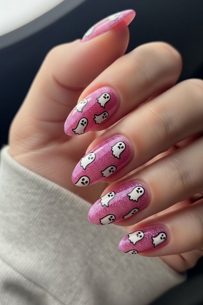 Pink Glitter Ghost Nails