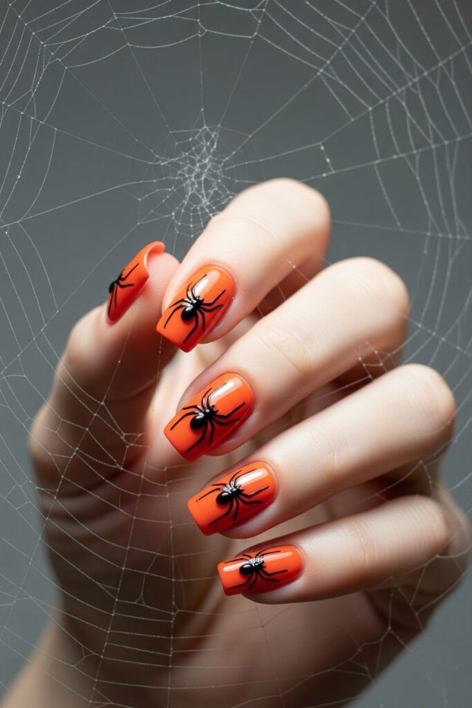 Spider Accent Orange Nails