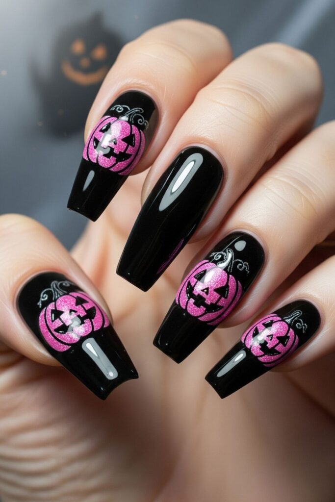Glittery Pink Pumpkin Nails