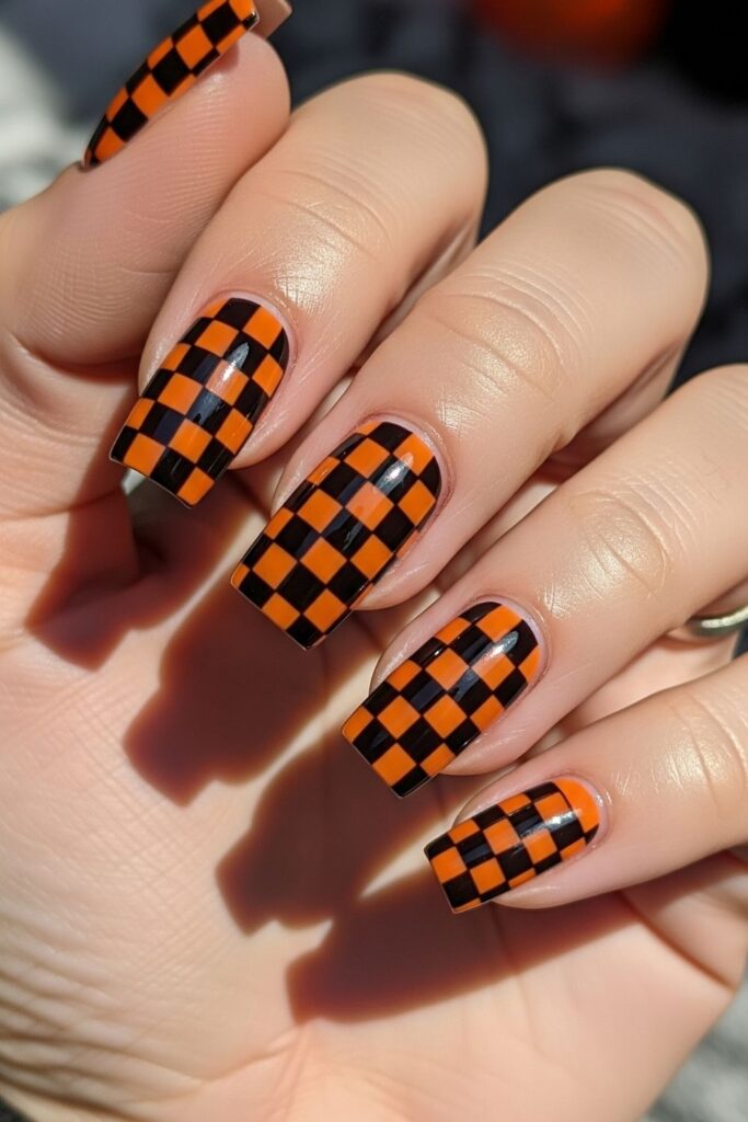 Orange and Black Checkerboard Nails