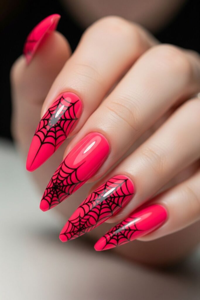 Pink Stiletto Spider Web Nails