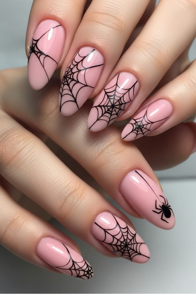Pink Spider Web Accent Nails