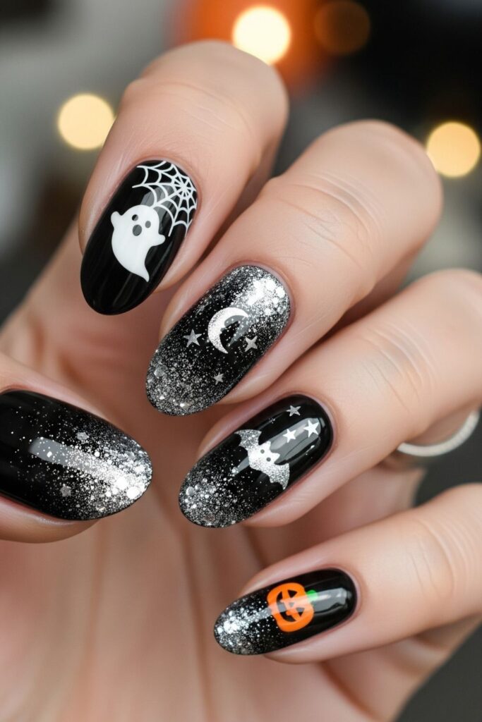 Short Black Nails with Glitter Dust