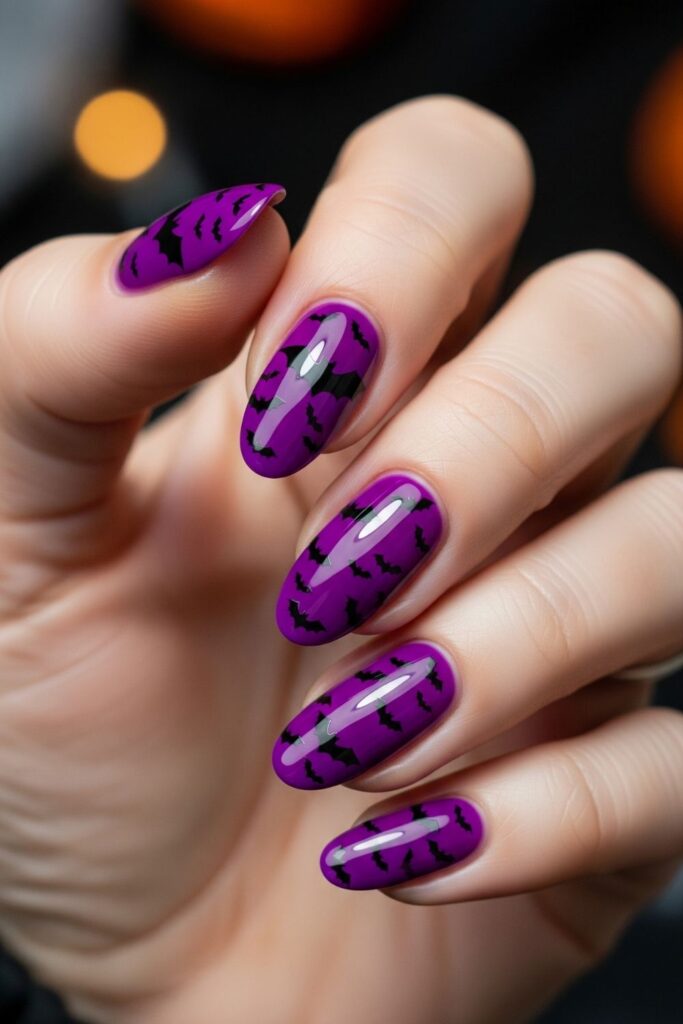 Short Purple Halloween Nails with Bats