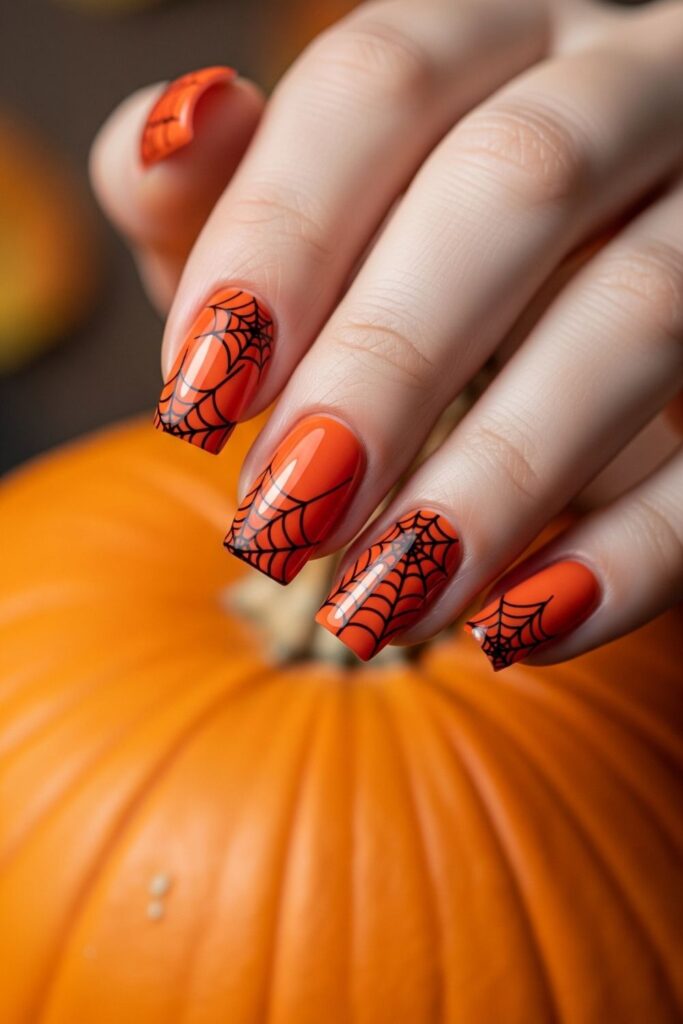 Black and Orange Web Nails