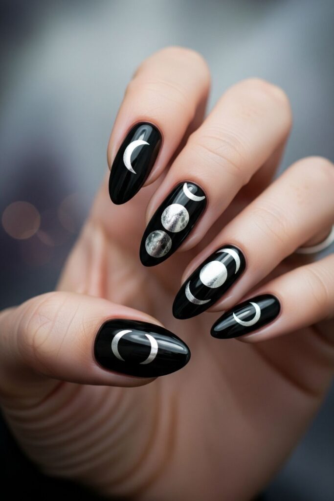 Black and Silver Moon Phases Nails