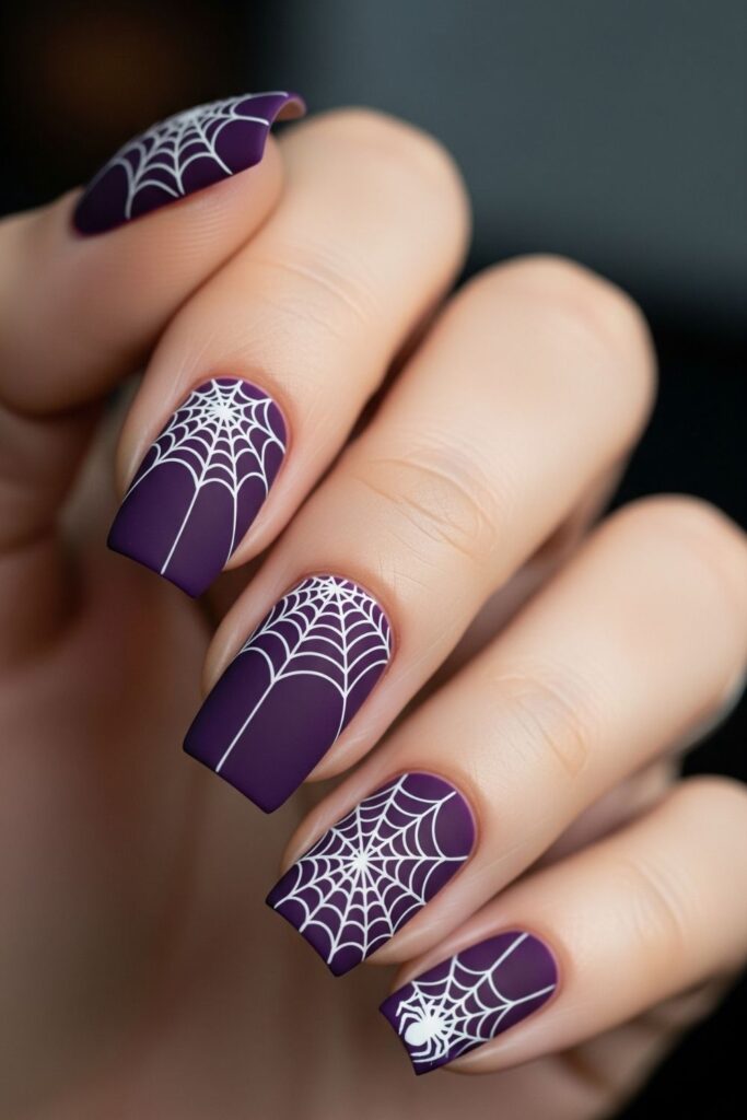 Matte Dark Purple Nails with Spider Webs